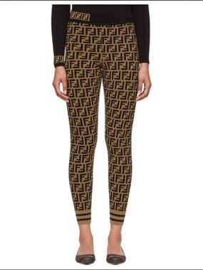 Fendi Tan and Black FF Logo Knit Leggings